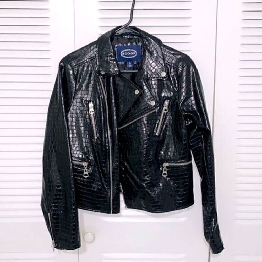 Vegan Leather Pleather Croc Embossed Shiny Moto Motorcycle Jacket with Zippers M